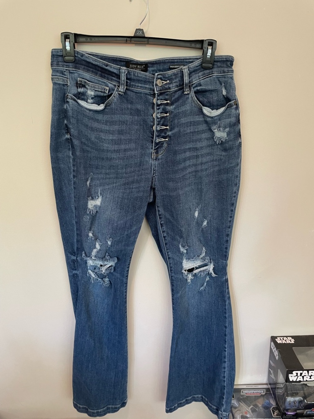 Judy Blue Dark Blue Distressed Flare Jeans with Button Fly